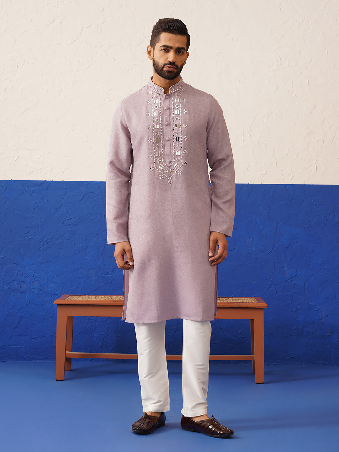 Onion Pink Mirror Embroidery Kurta Set