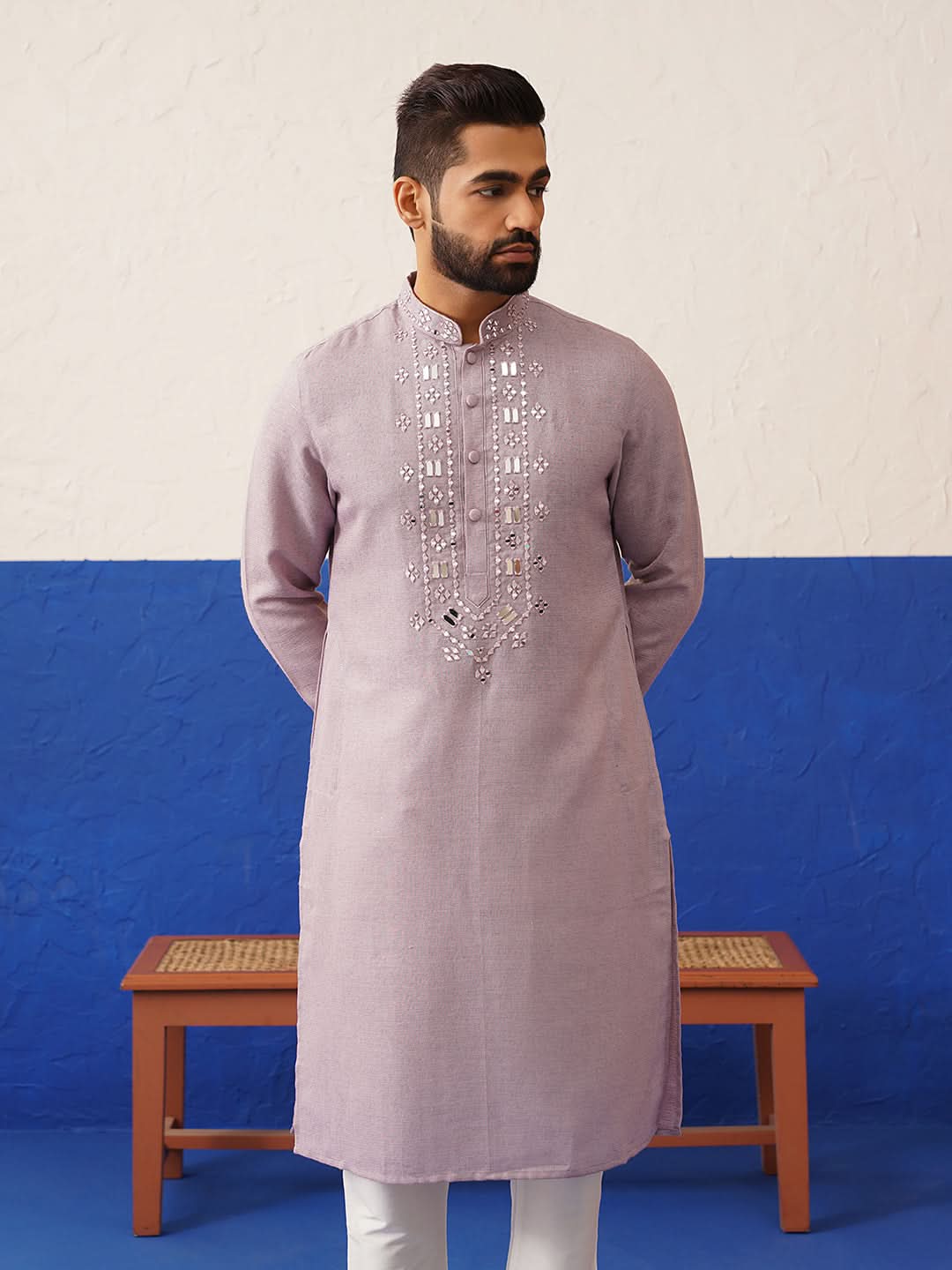 Onion Pink Mirror Embroidery Kurta Set