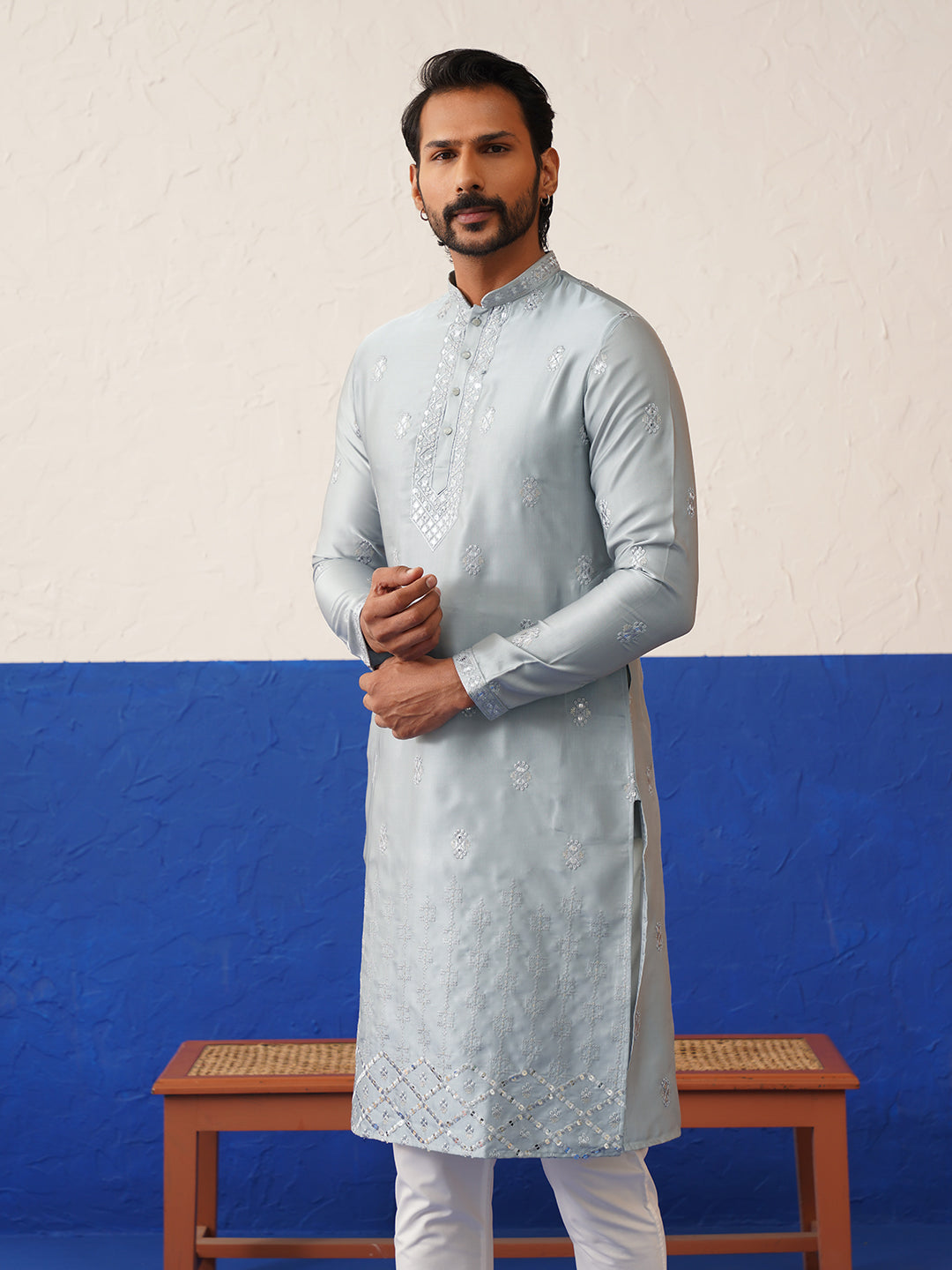 Grey Sequin Embroidered Ceremonial Kurta Set