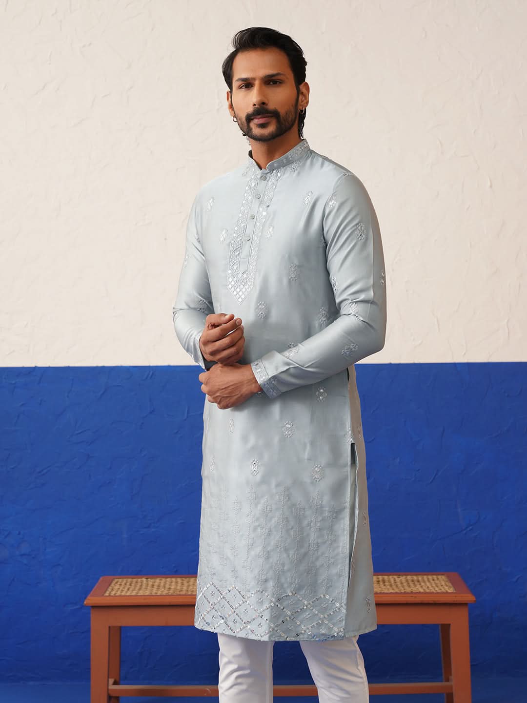 Grey Sequin Embroidered Ceremonial Kurta Set