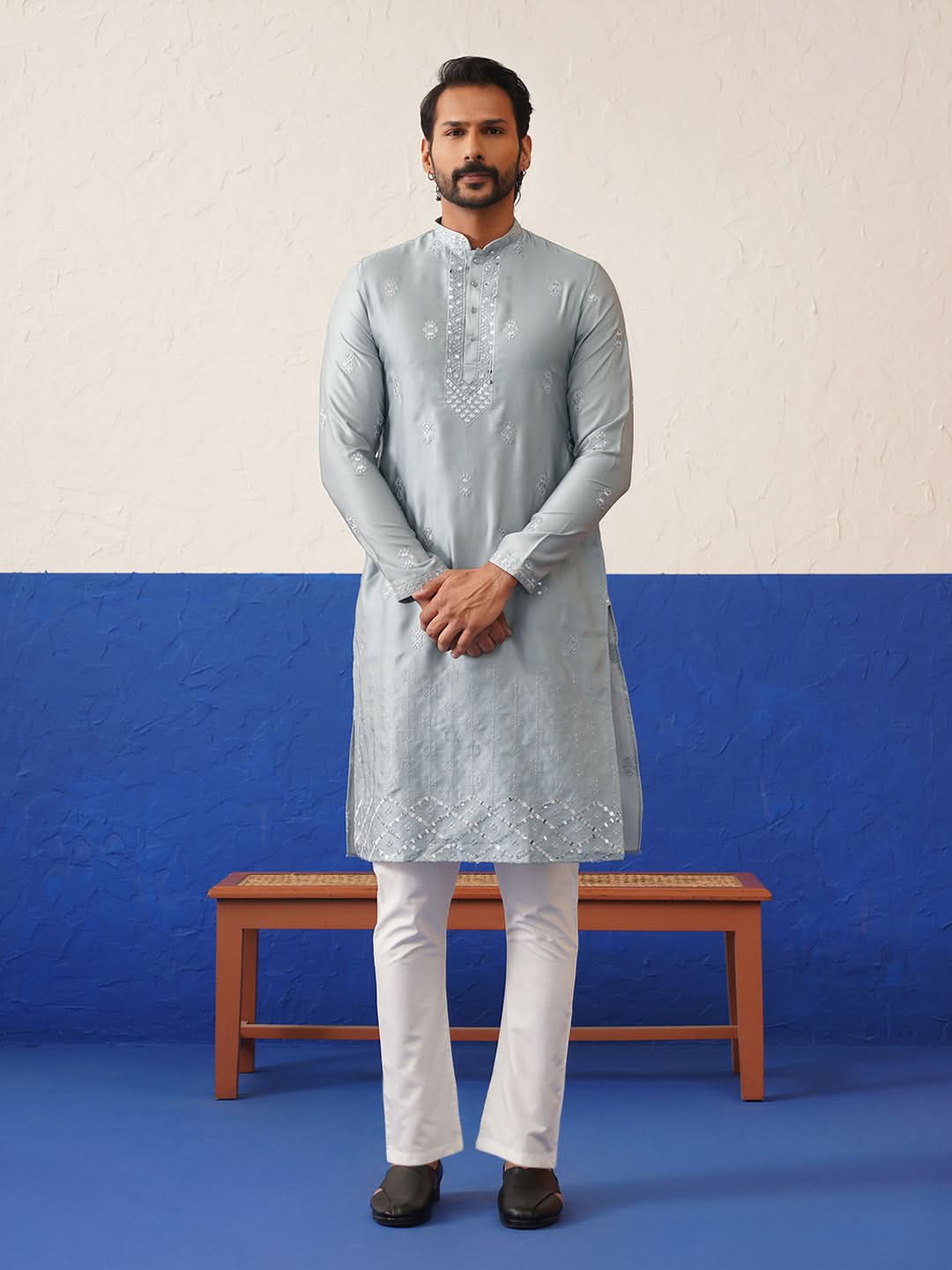 Grey Sequin Embroidered Ceremonial Kurta Set