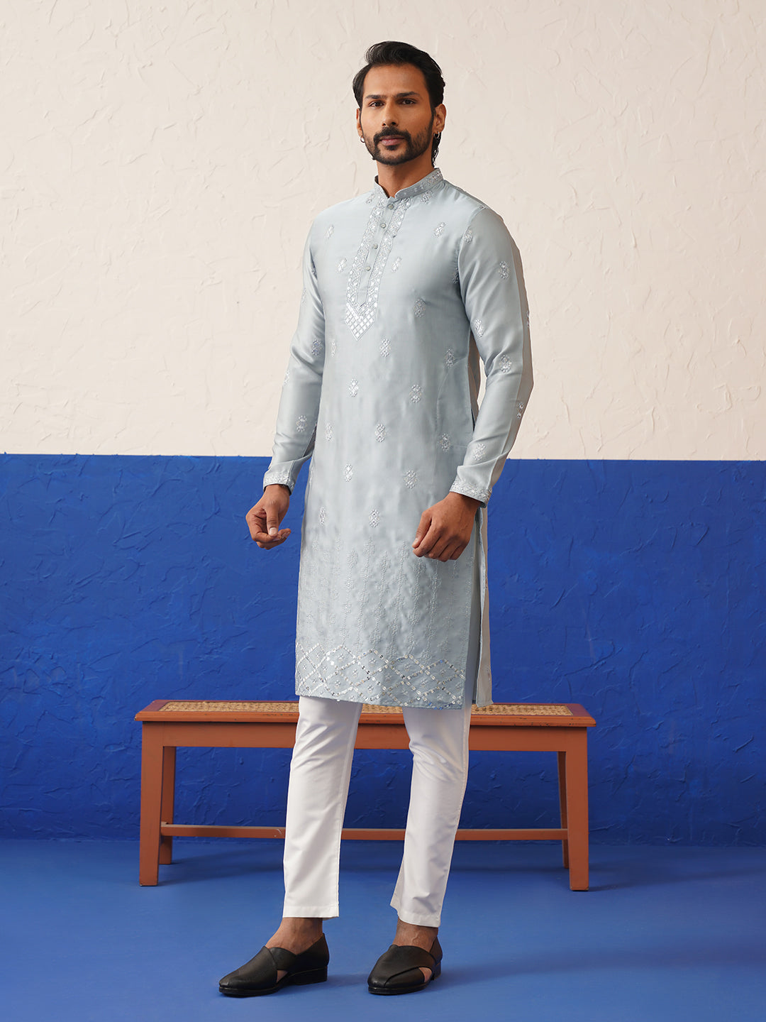 Grey Sequin Embroidered Ceremonial Kurta Set