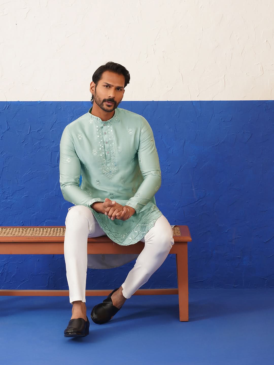 Aqua Blue Sequin Embroidered Ceremonial Kurta Set