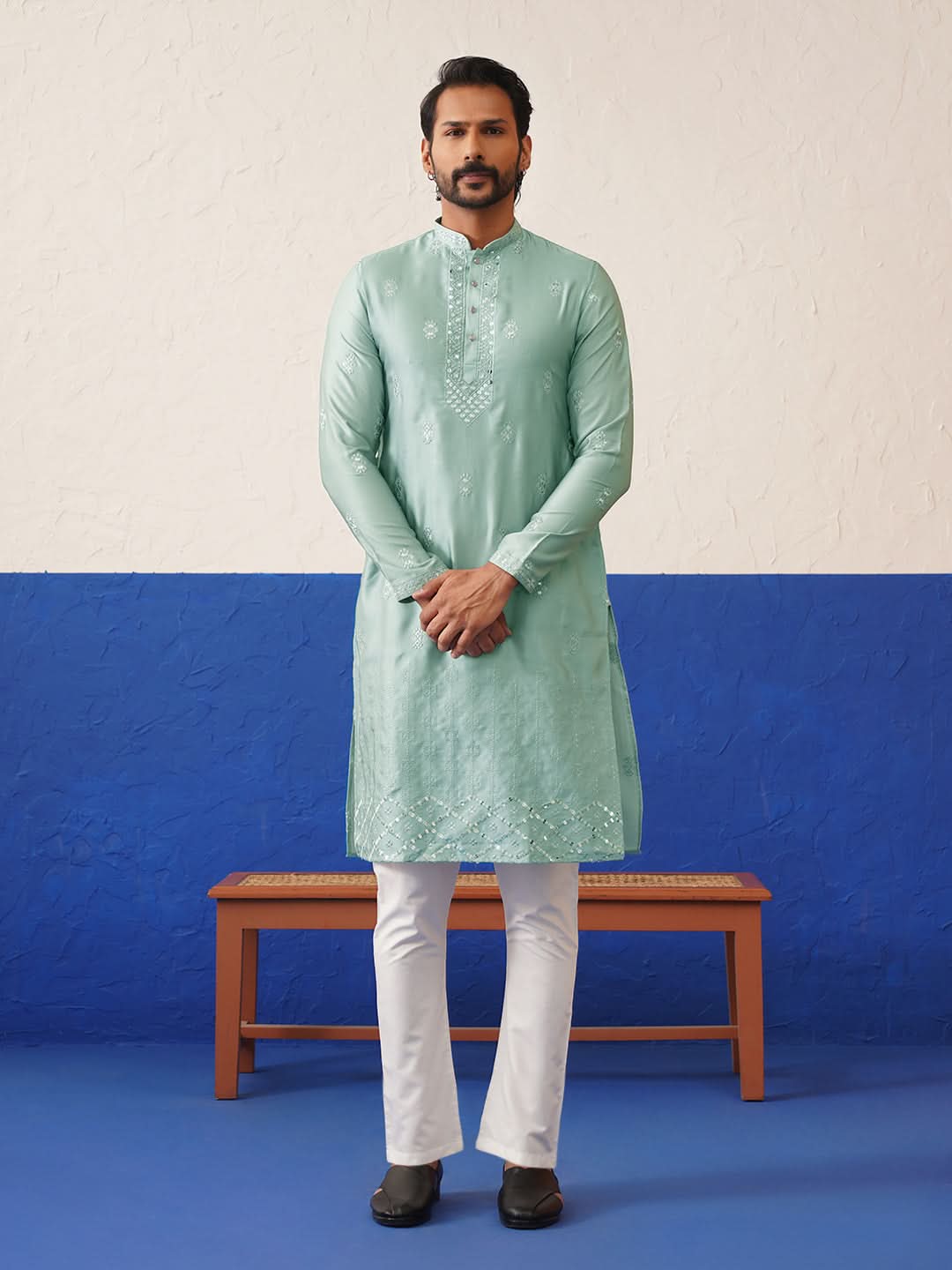 Aqua Blue Sequin Embroidered Ceremonial Kurta Set
