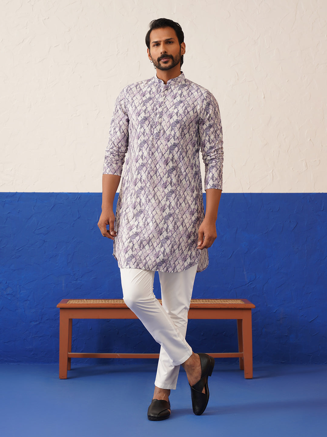 White With Geomatric work on soft mul cotton