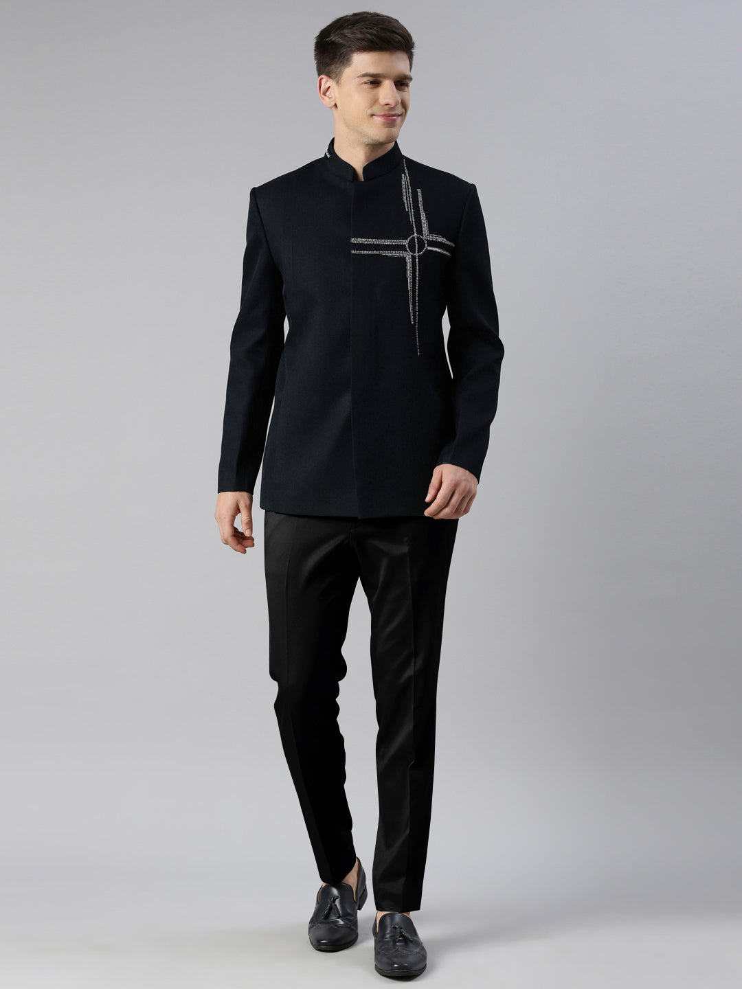 Navy Blue Embroidered Bandhgala
