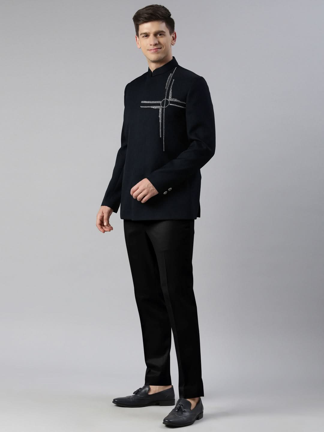 Navy Blue Embroidered Bandhgala