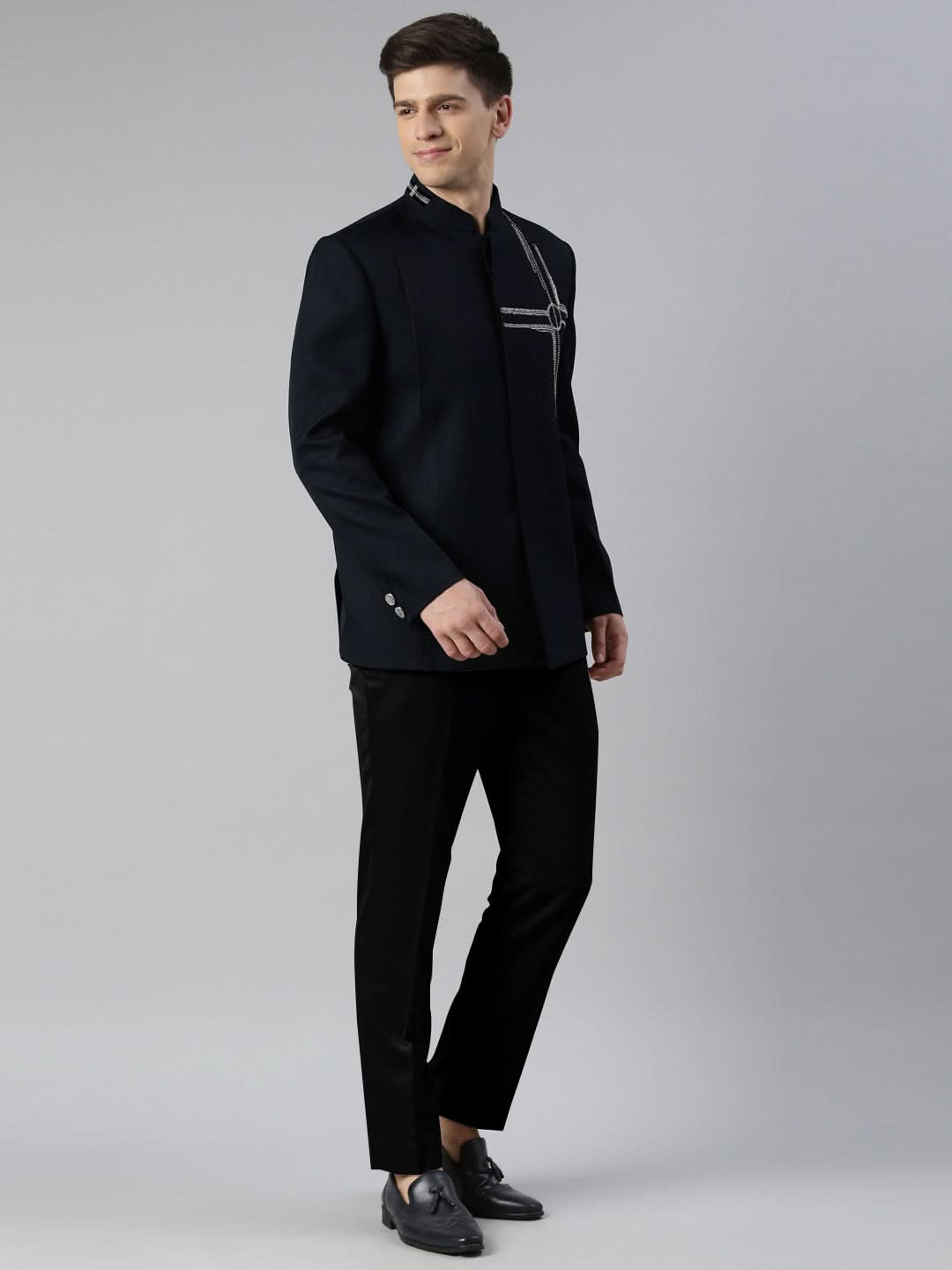 Navy Blue Embroidered Bandhgala