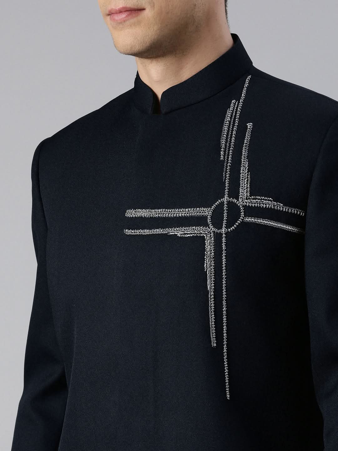 Navy Blue Embroidered Bandhgala