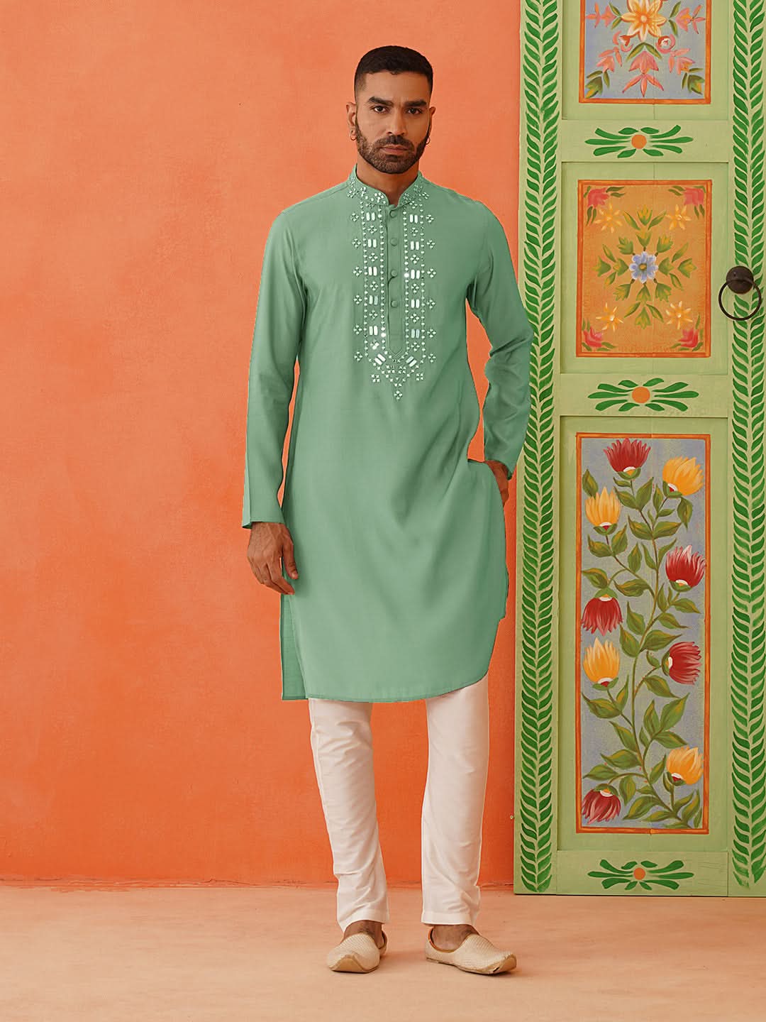 Green Mirror Embroidery Kurta Set