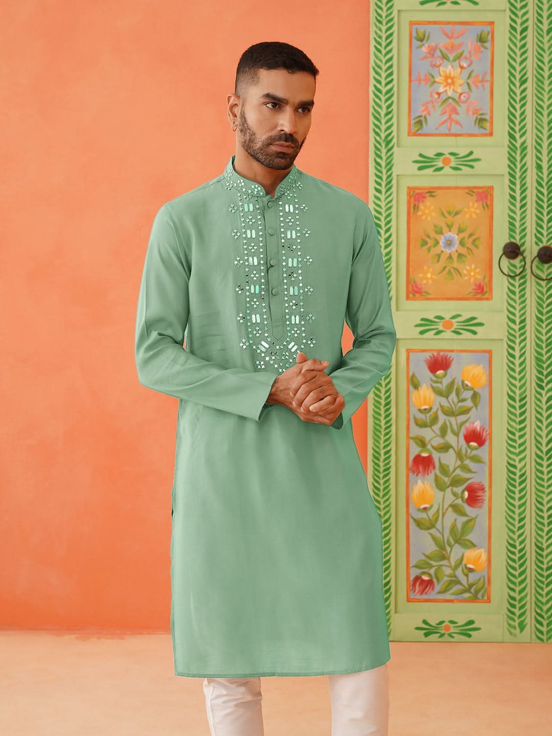 Green Mirror Embroidery Kurta Set