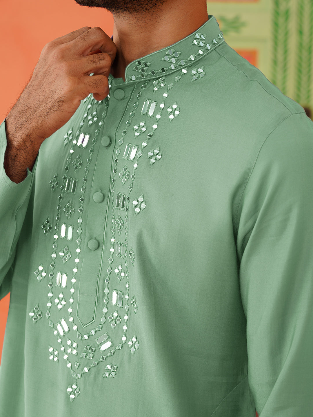 Green Mirror Embroidery Kurta Set