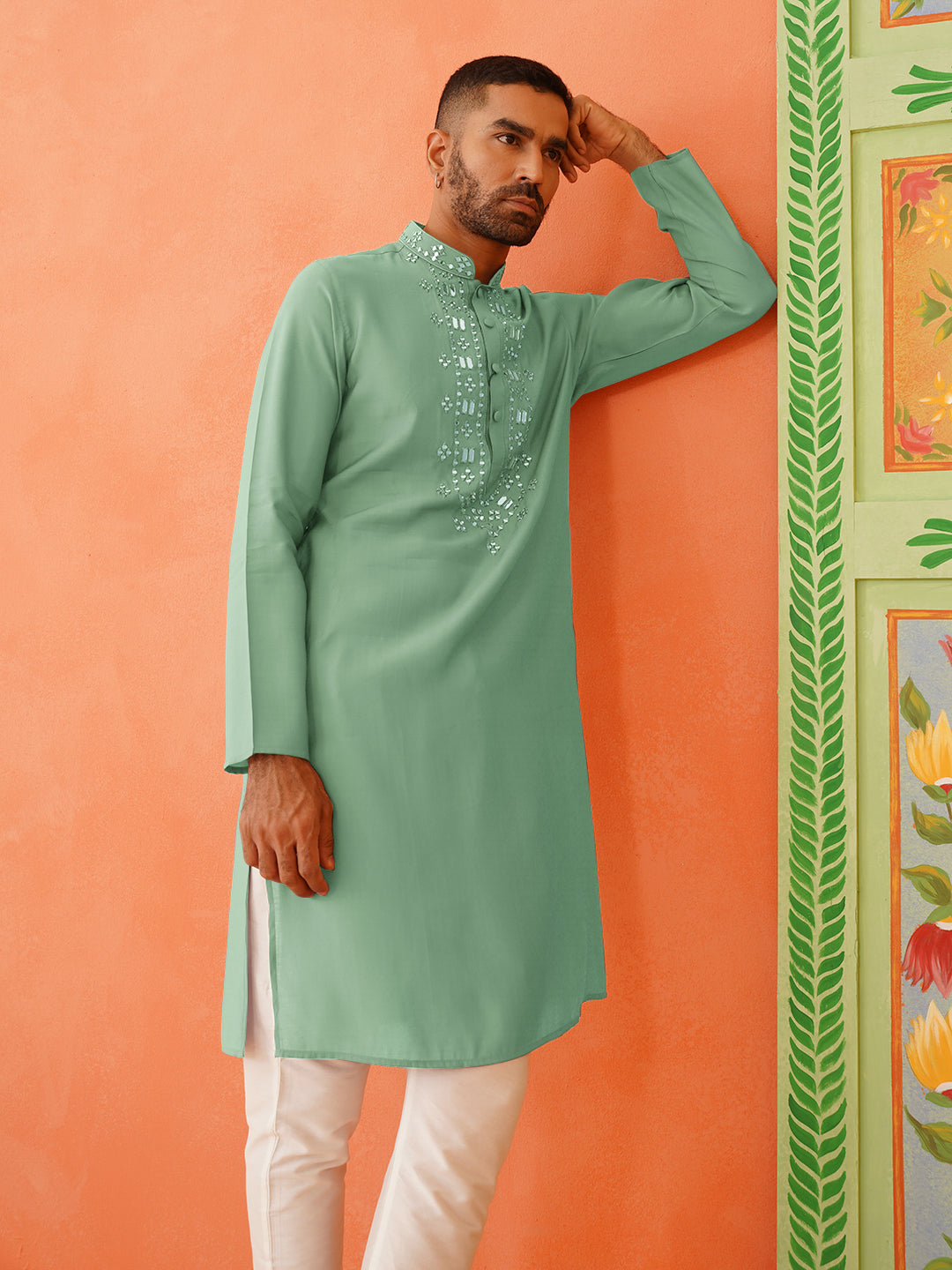 Green Mirror Embroidery Kurta Set