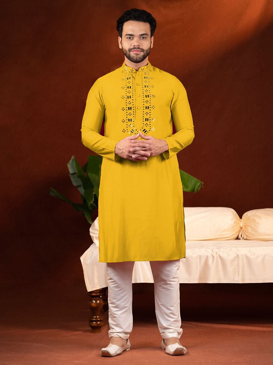 Mustard Mirror Embroidery Kurta Set