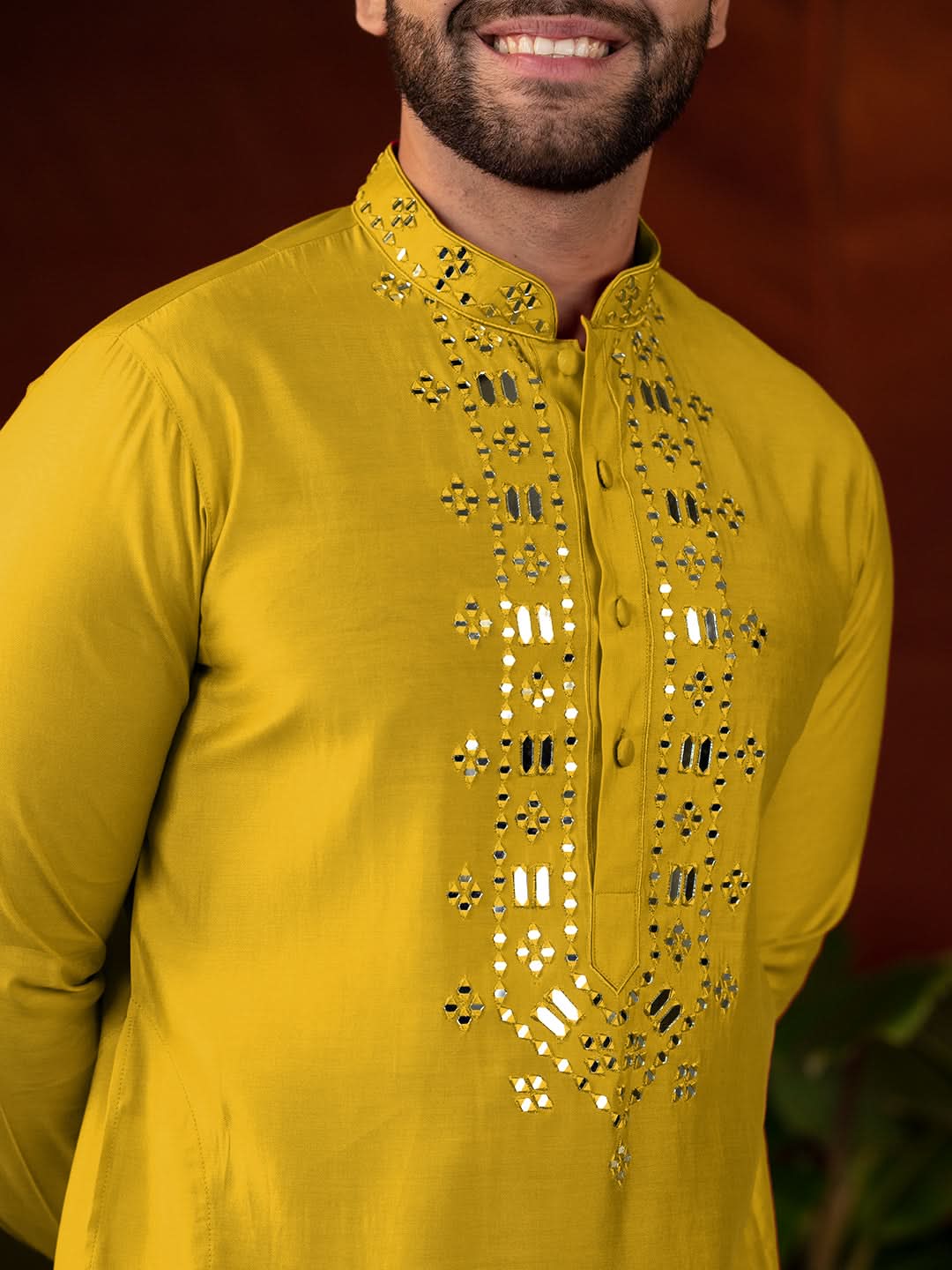 Mustard Mirror Embroidery Kurta Set