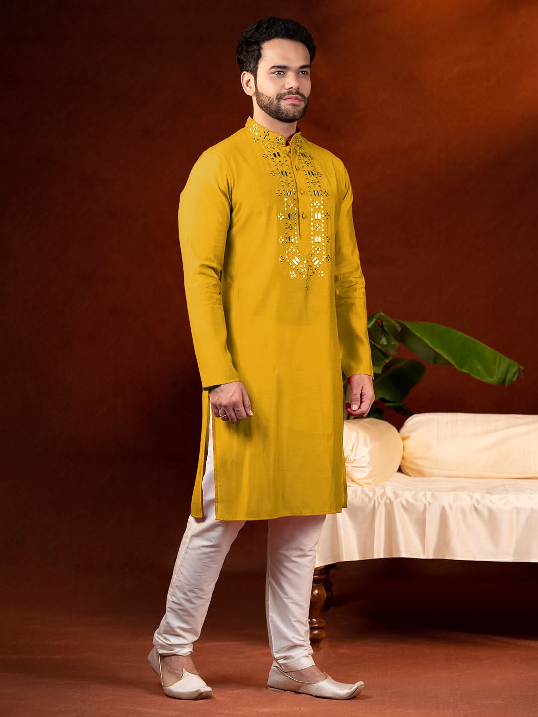 Mustard Mirror Embroidery Kurta Set