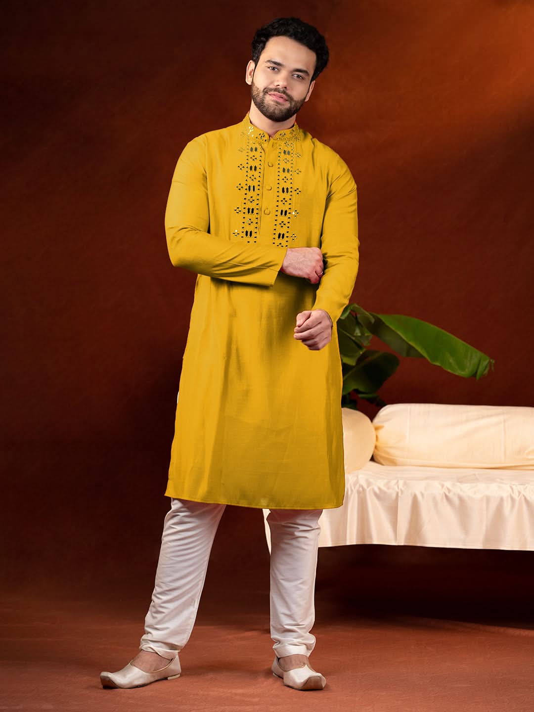 Mustard Mirror Embroidery Kurta Set