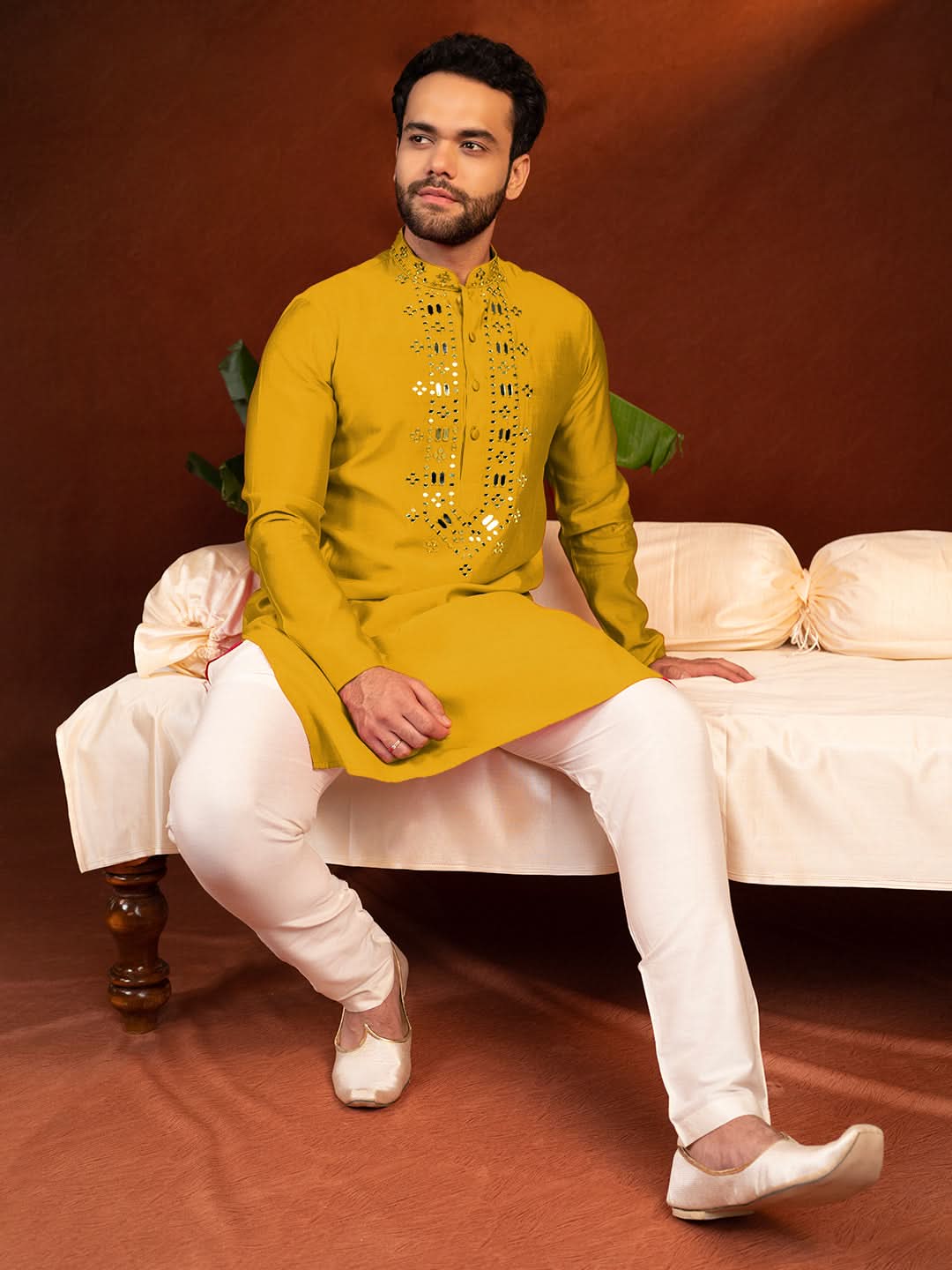 Mustard Mirror Embroidery Kurta Set