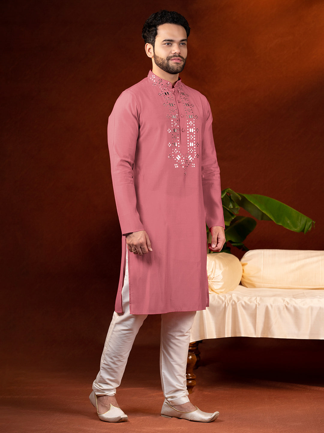 Red Mirror Embroidery Kurta Set