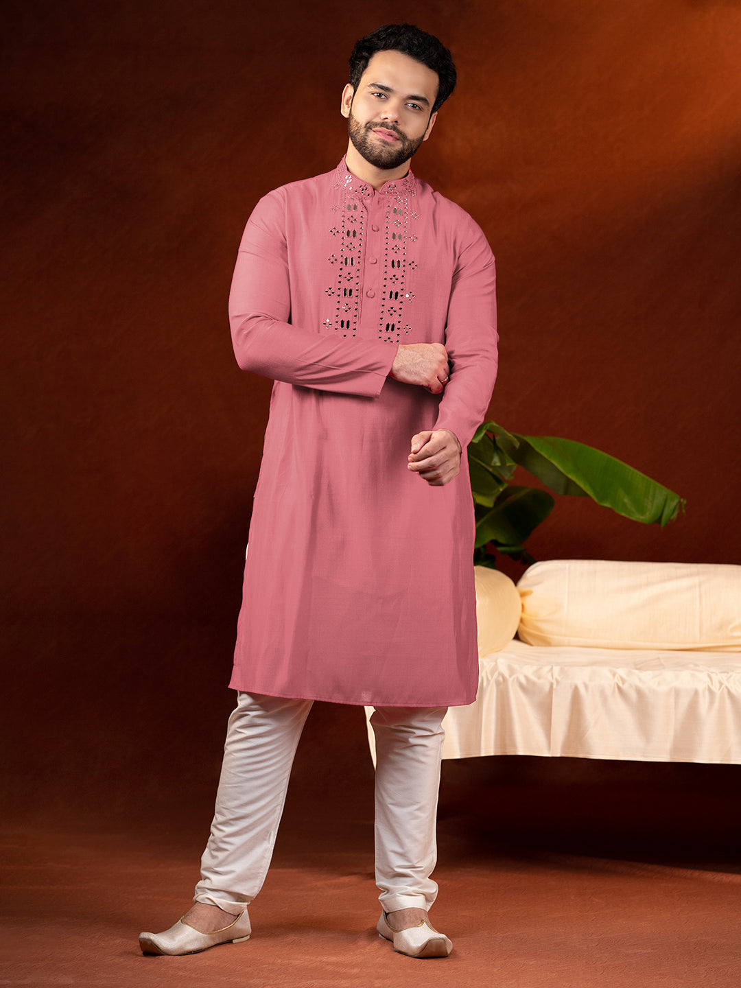 Red Mirror Embroidery Kurta Set