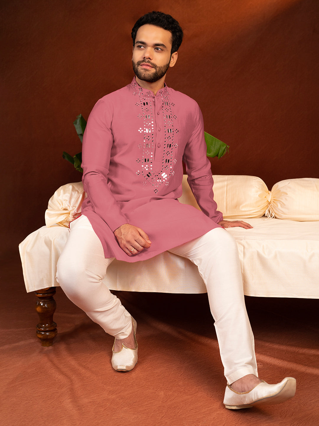 Red Mirror Embroidery Kurta Set