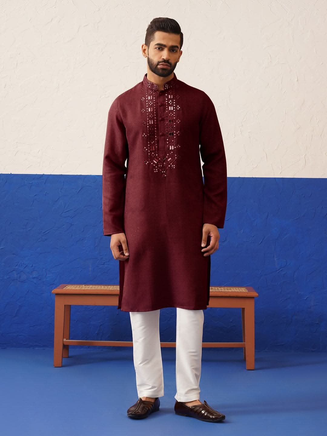 Maroon Mirror Embroidery Kurta Set