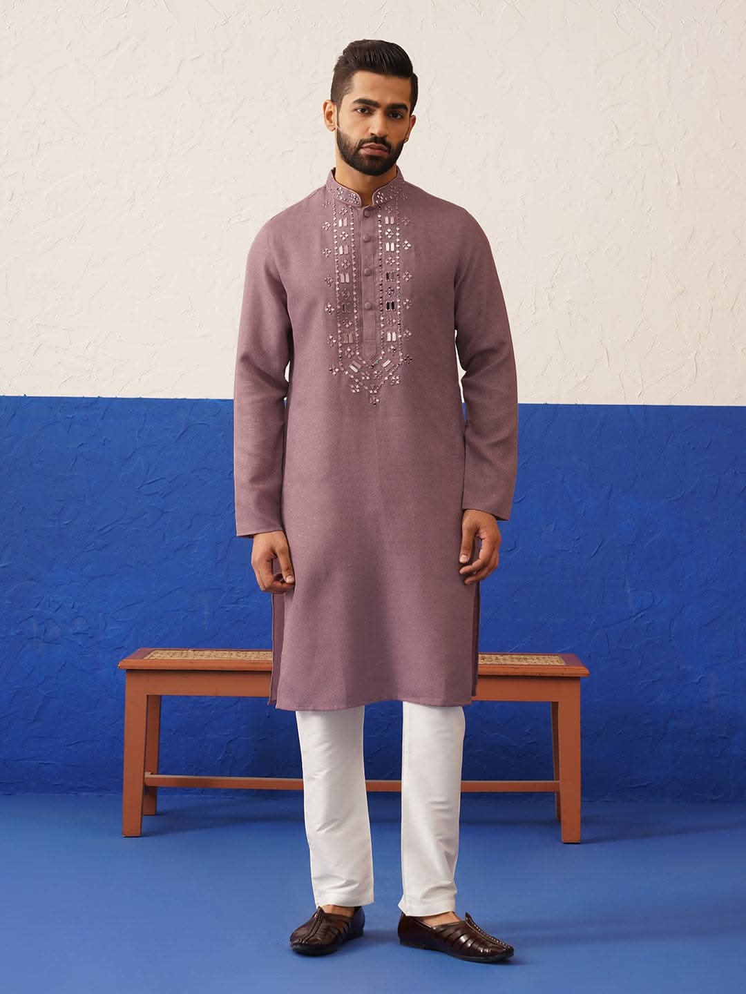 Peach Mirror Embroidery Kurta Set