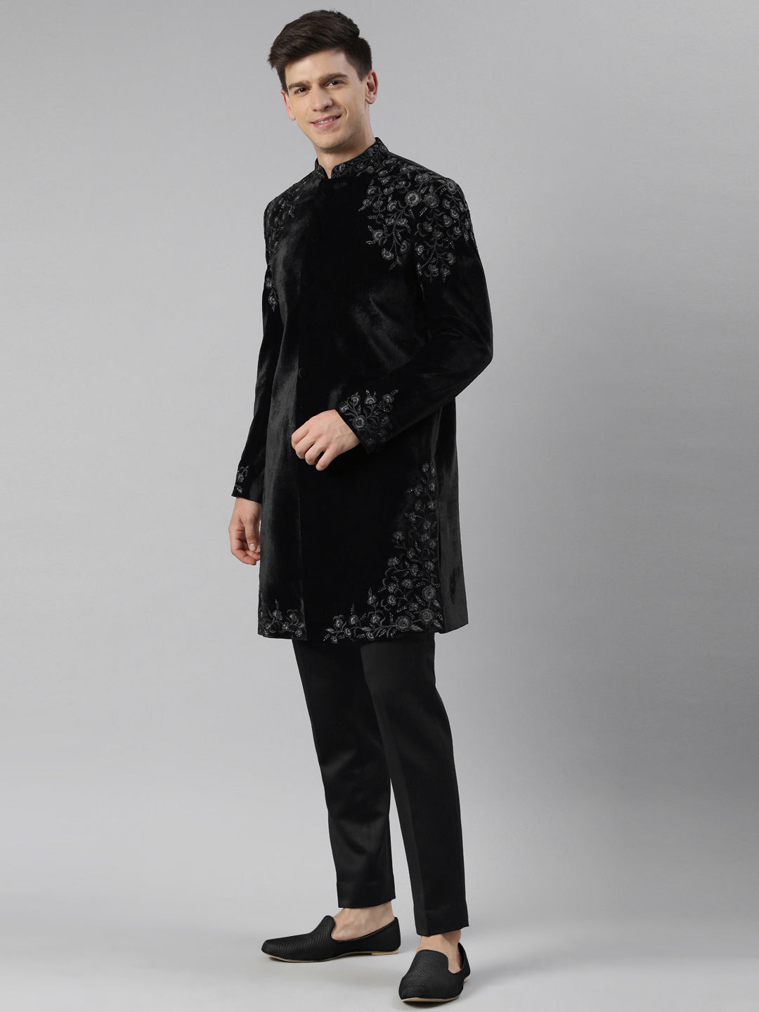 Black velvet embroidery Achkan