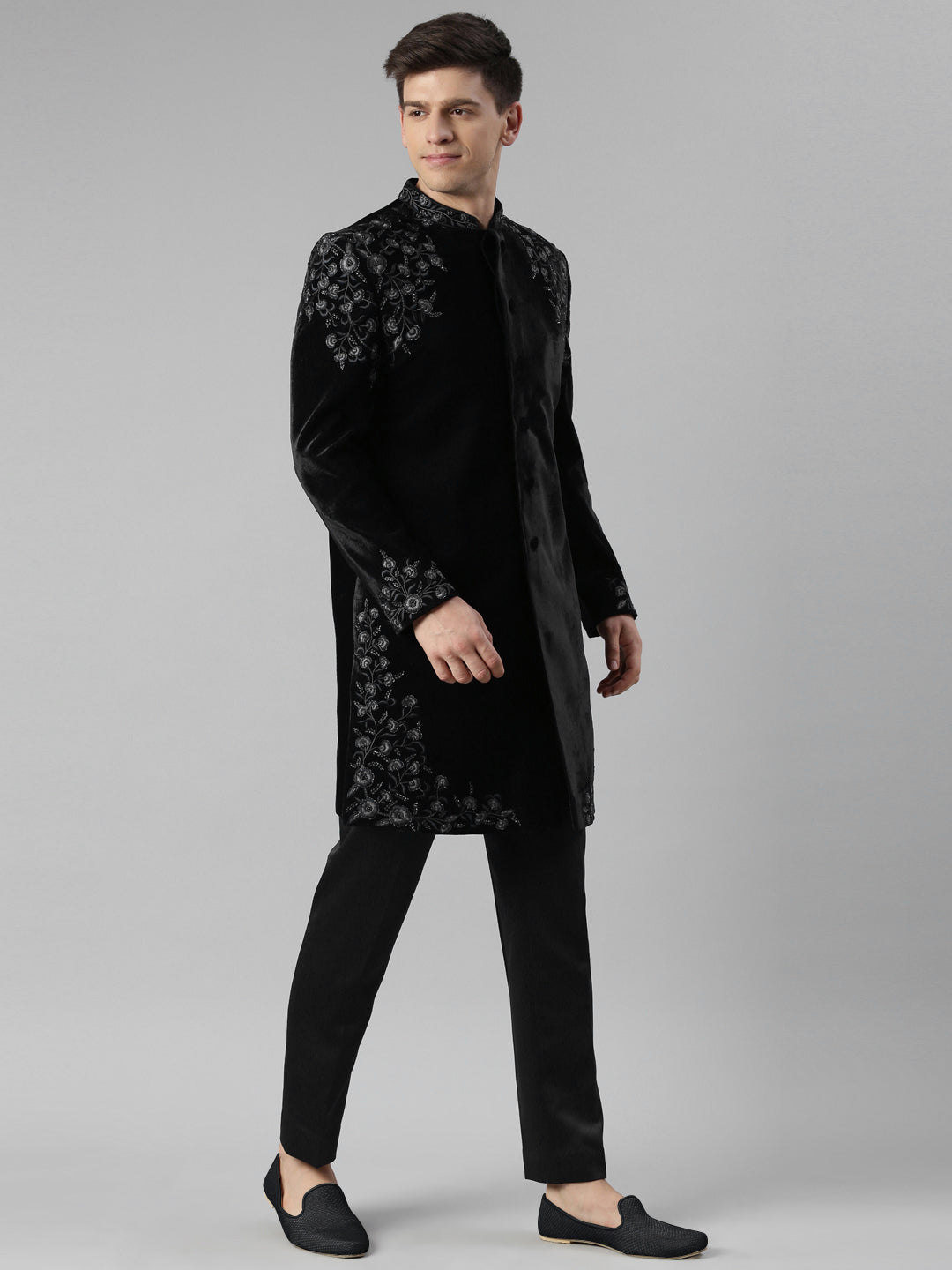 Black velvet embroidery Achkan