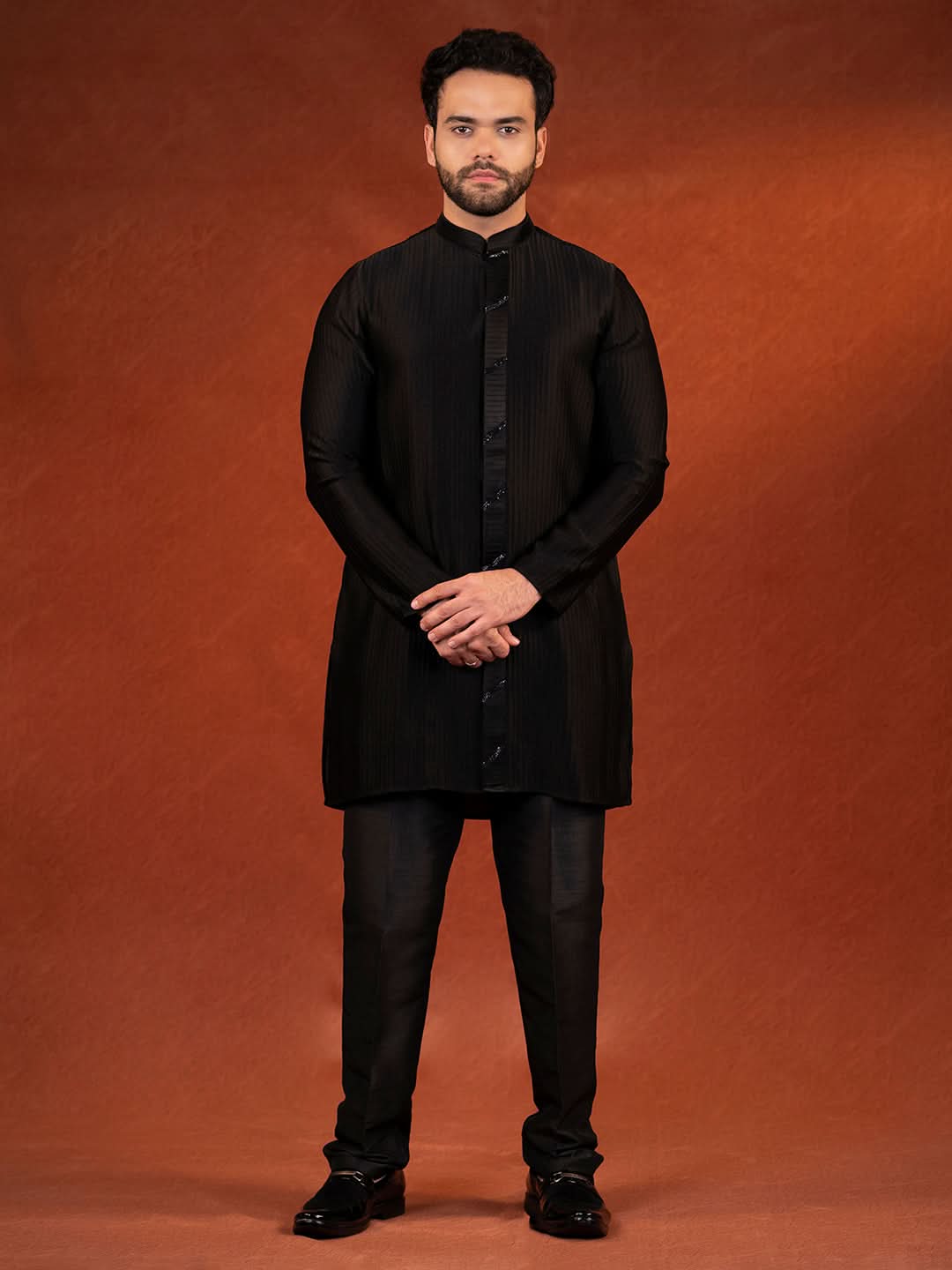 Black self textured Kurta Set