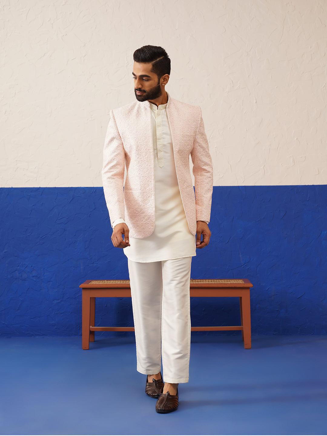 Baby Pink Embriodered Bandhgala Short Kurta Set