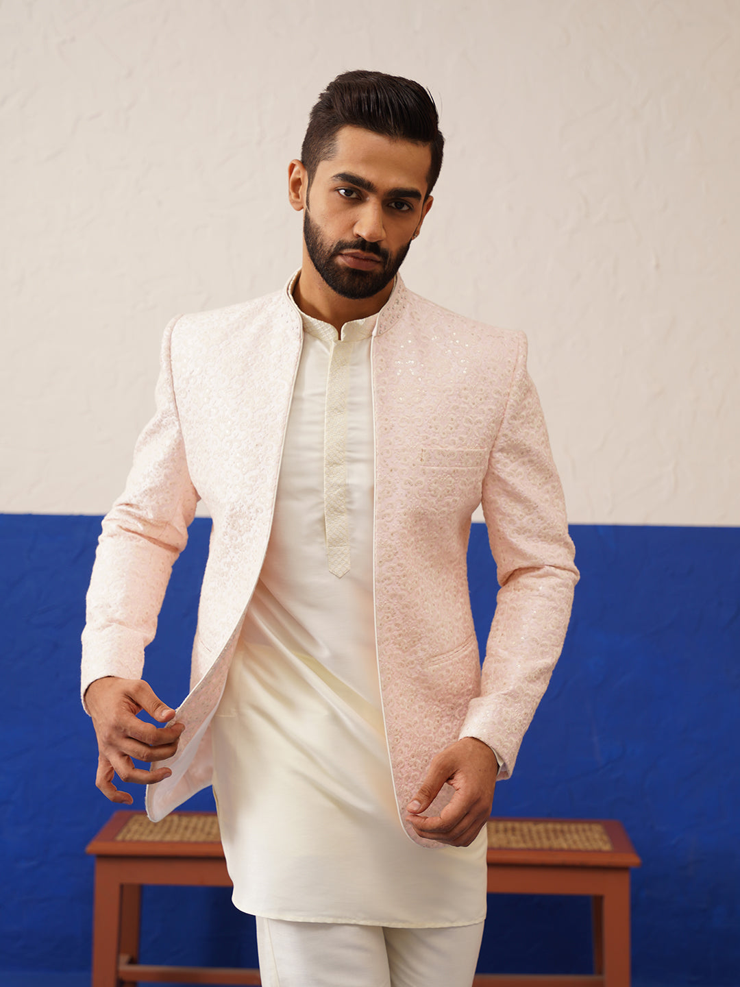 Baby Pink Embriodered Bandhgala Short Kurta Set