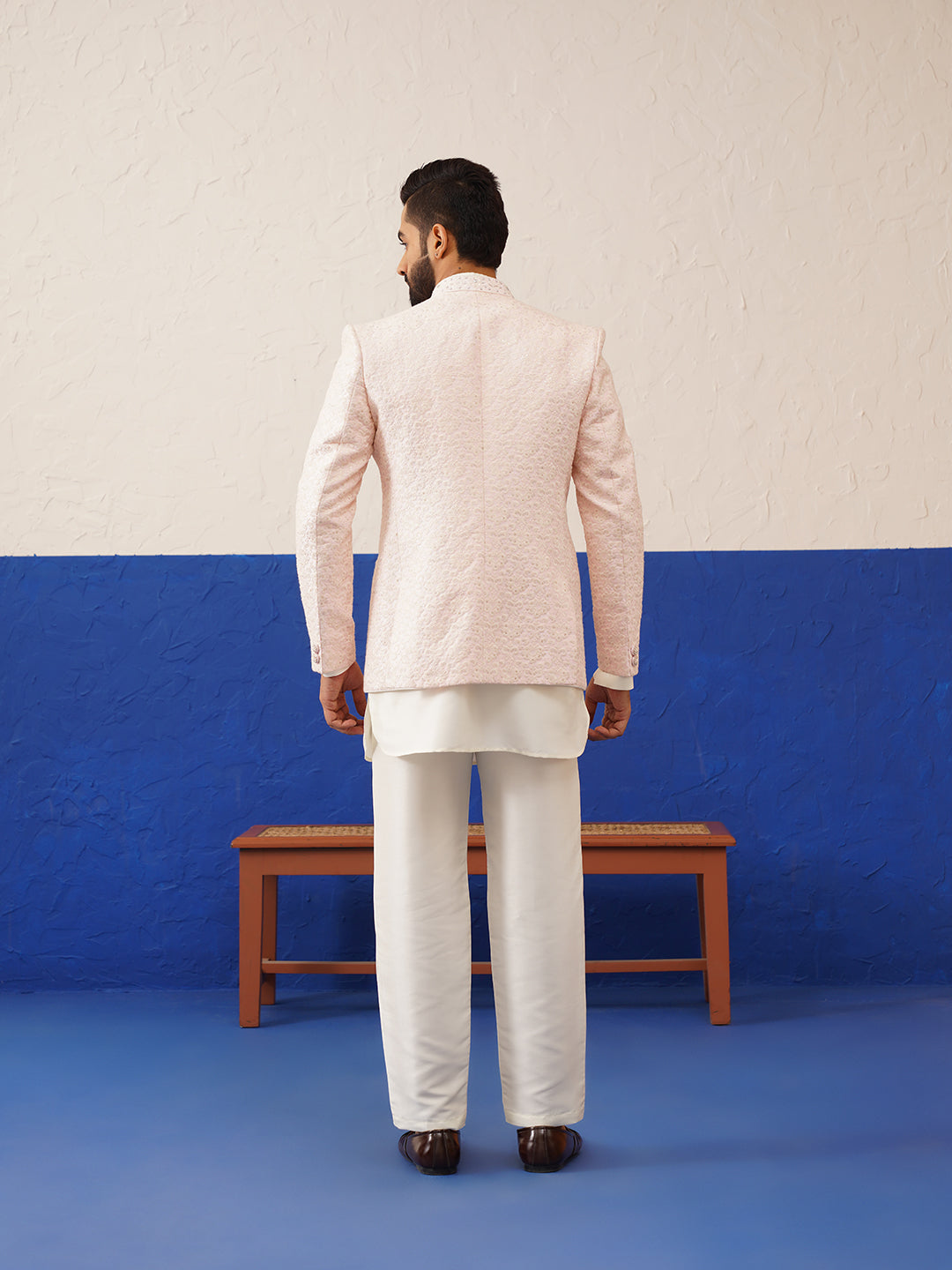 Baby Pink Embriodered Bandhgala Short Kurta Set