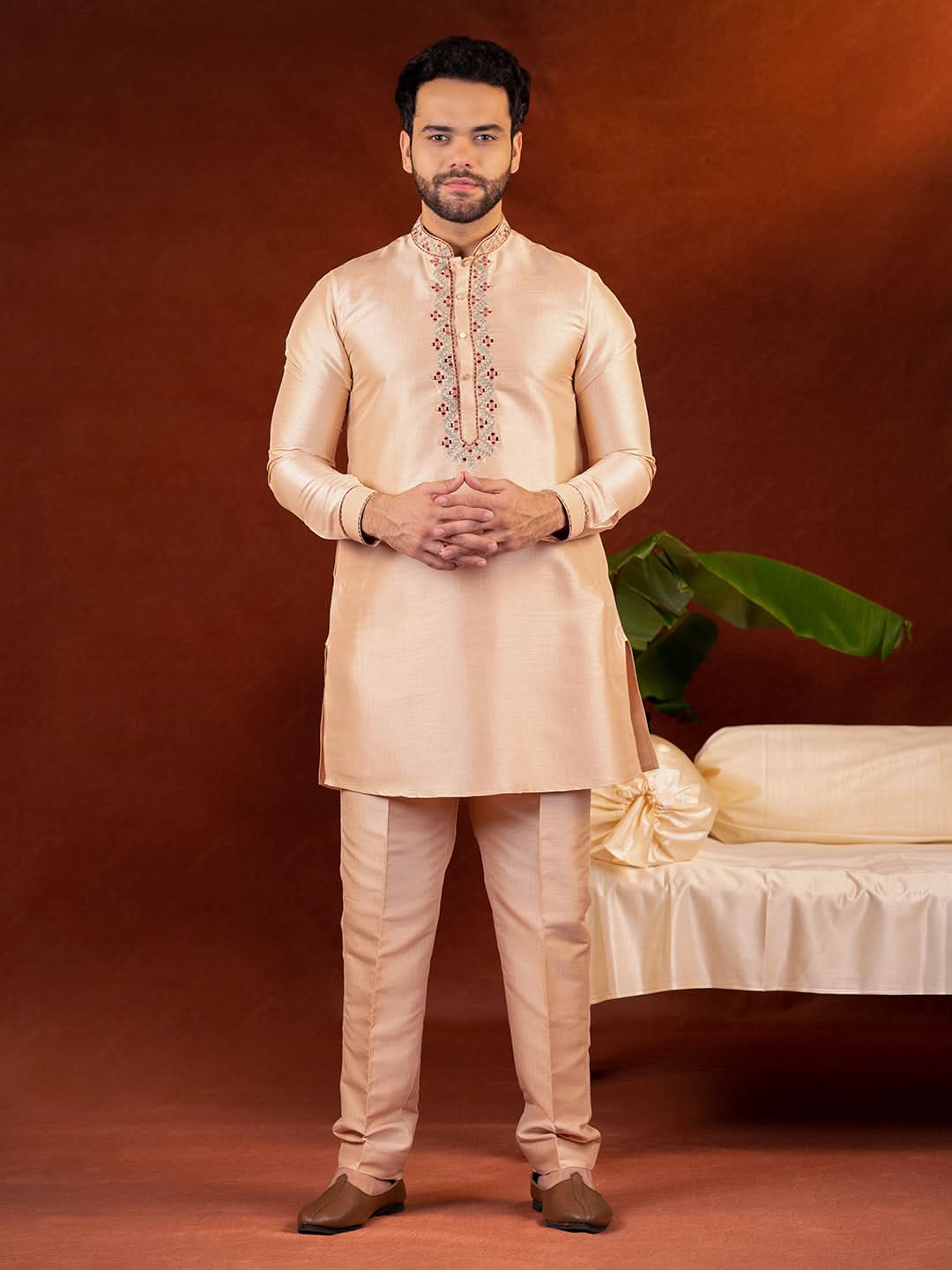 Peach art silk mirror embroidered kurta Set