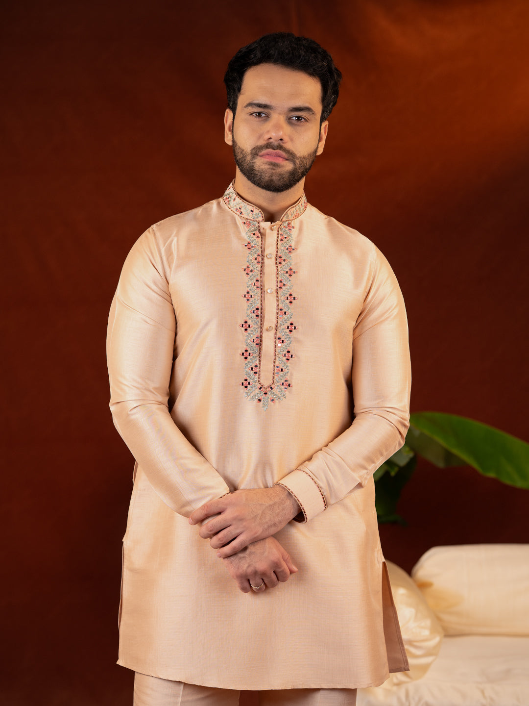 Peach art silk mirror embroidered kurta Set