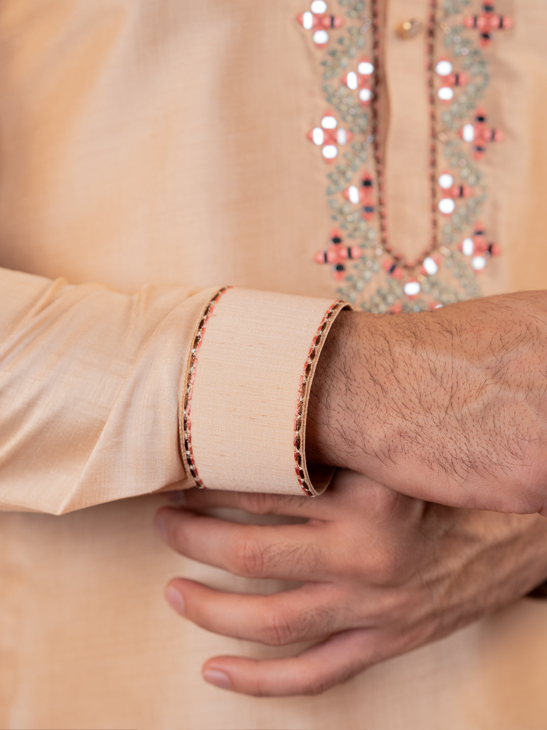 Peach art silk mirror embroidered kurta Set