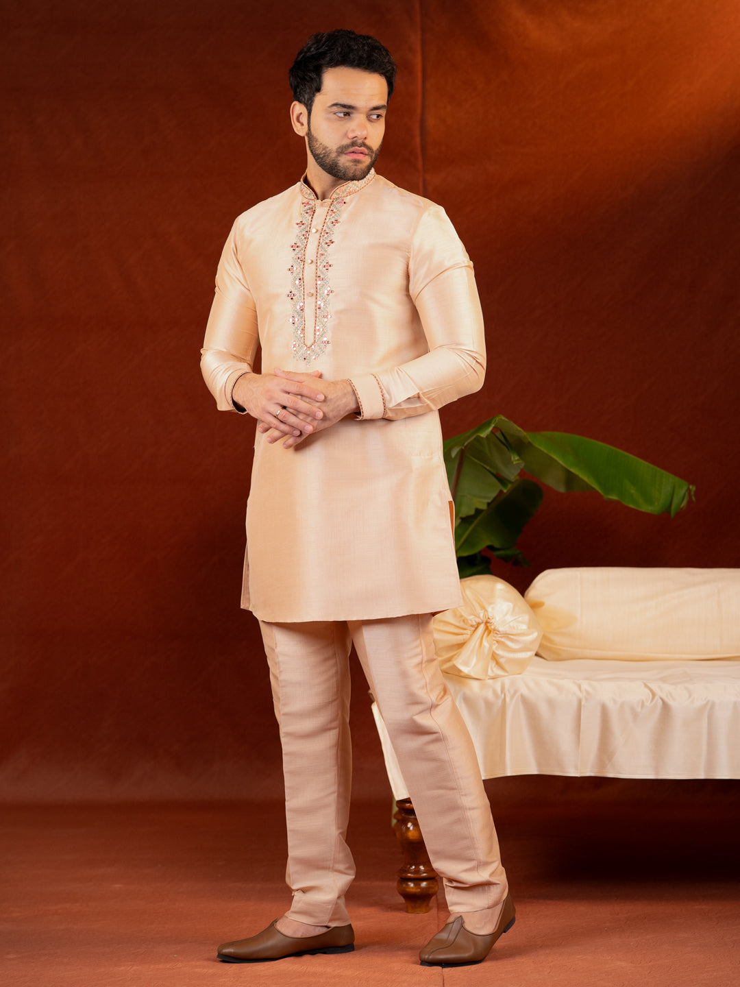 Peach art silk mirror embroidered kurta Set