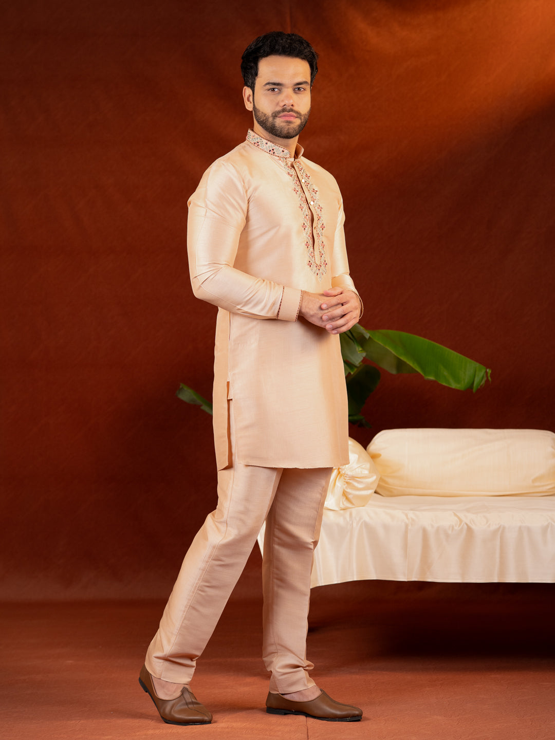Peach art silk mirror embroidered kurta Set