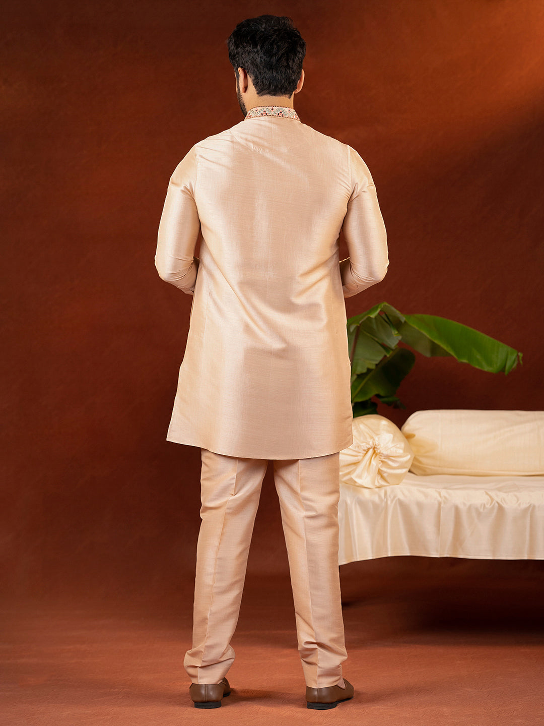 Peach art silk mirror embroidered kurta Set