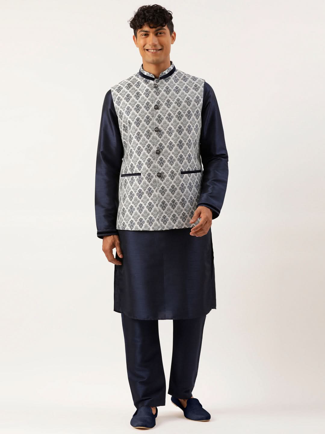 Grey Navy Jacquard Jacket With Navy Kurta Set