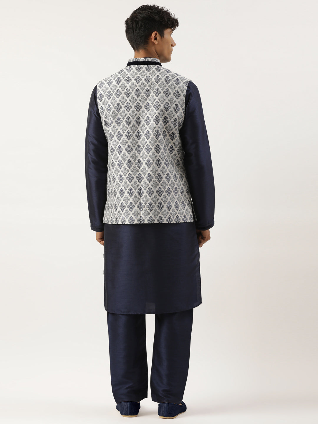 Grey Navy Jacquard Jacket With Navy Kurta Set