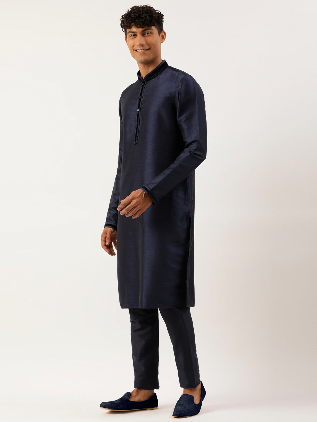 Grey Navy Jacquard Jacket With Navy Kurta Set