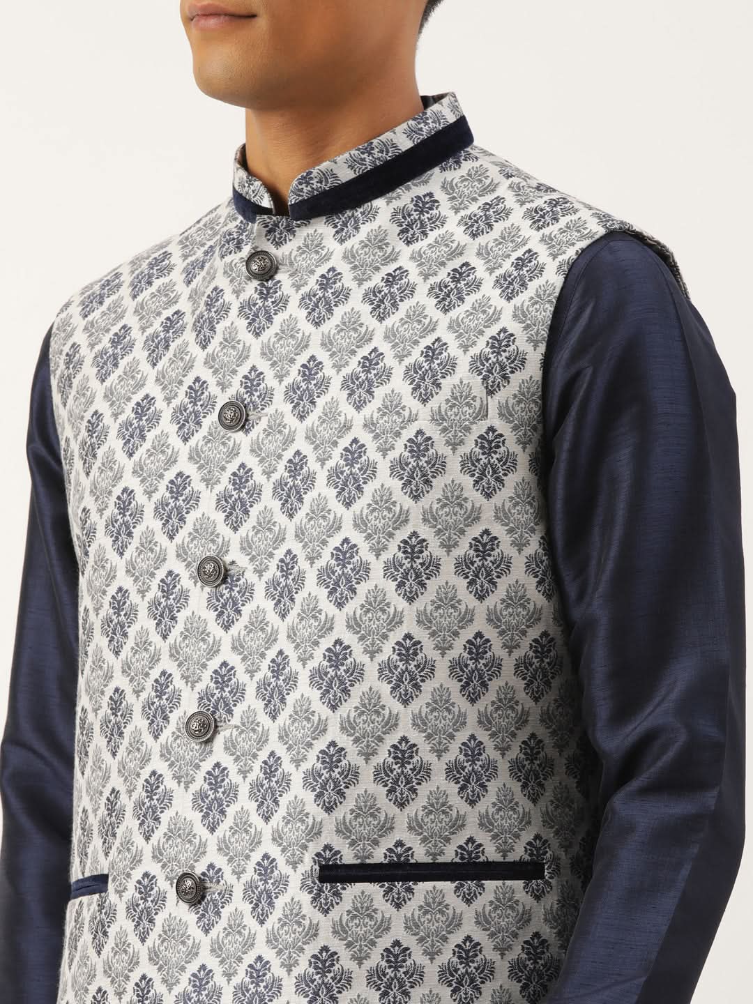 Grey Navy Jacquard Jacket With Navy Kurta Set