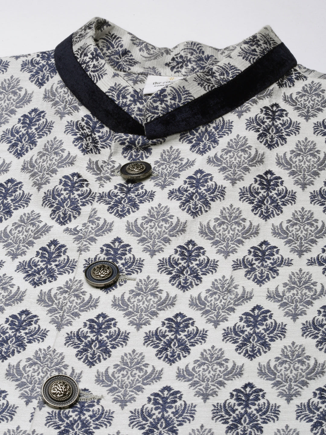 Grey Navy Jacquard Jacket With Navy Kurta Set