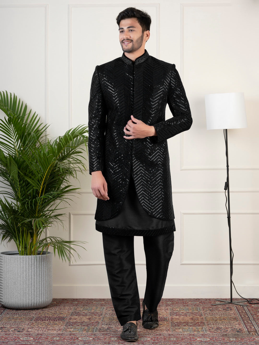 Black Velvet Sequin Embroidered Indowestern