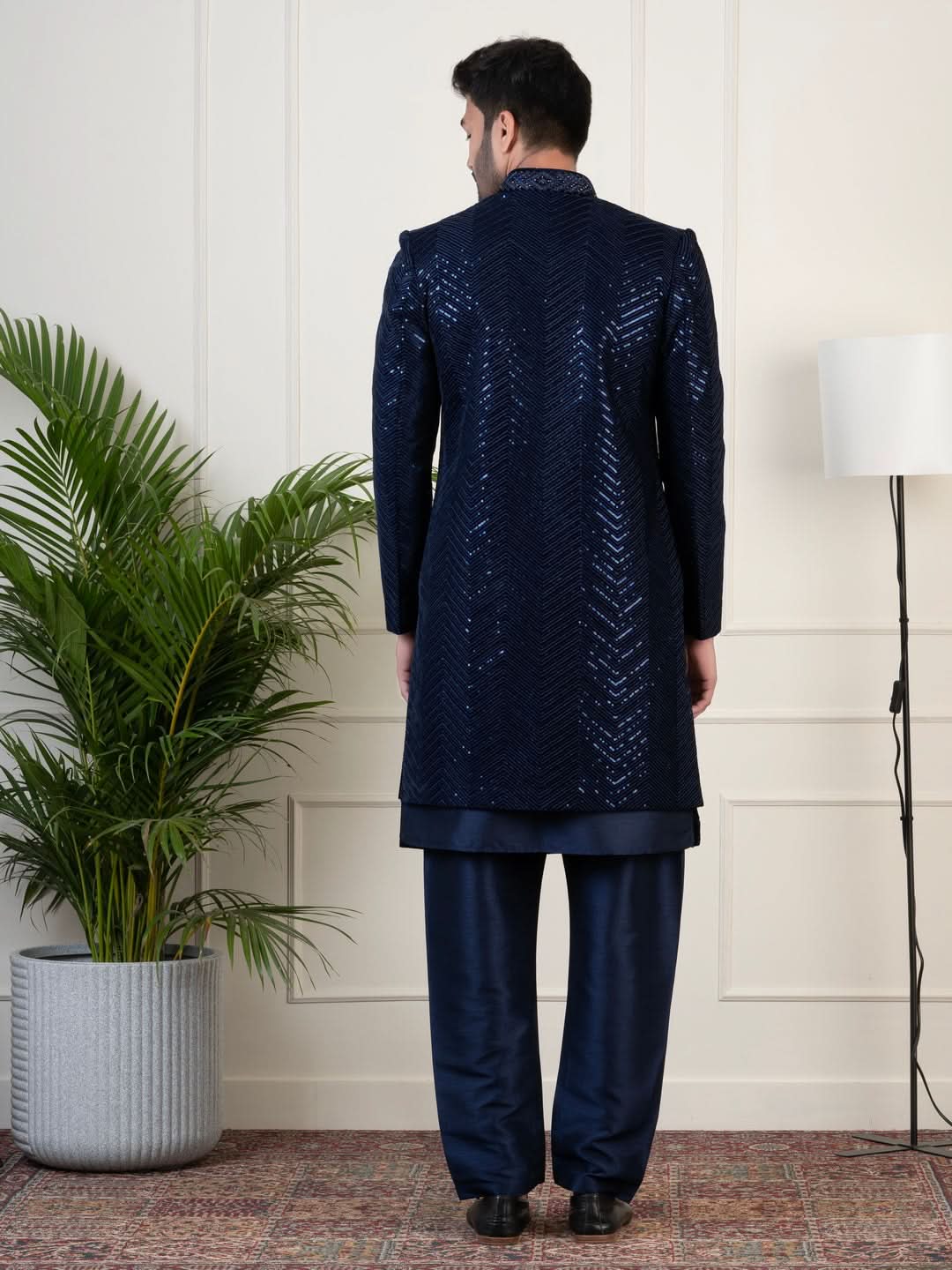 Navy Velvet Sequin Embroidered Indowestern