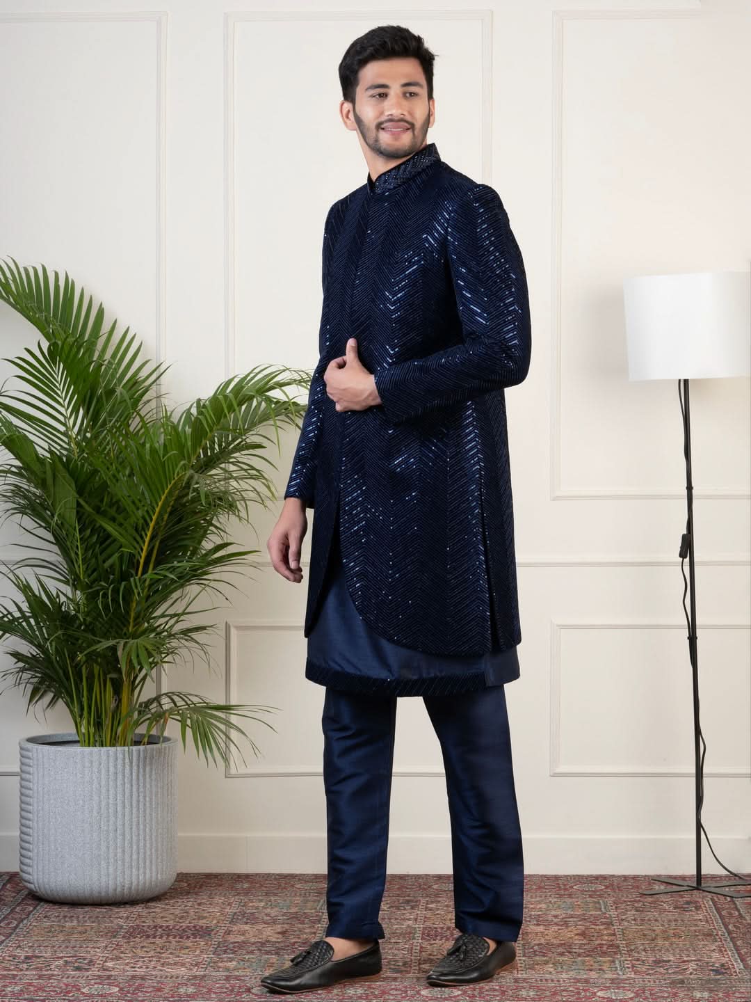 Navy Velvet Sequin Embroidered Indowestern