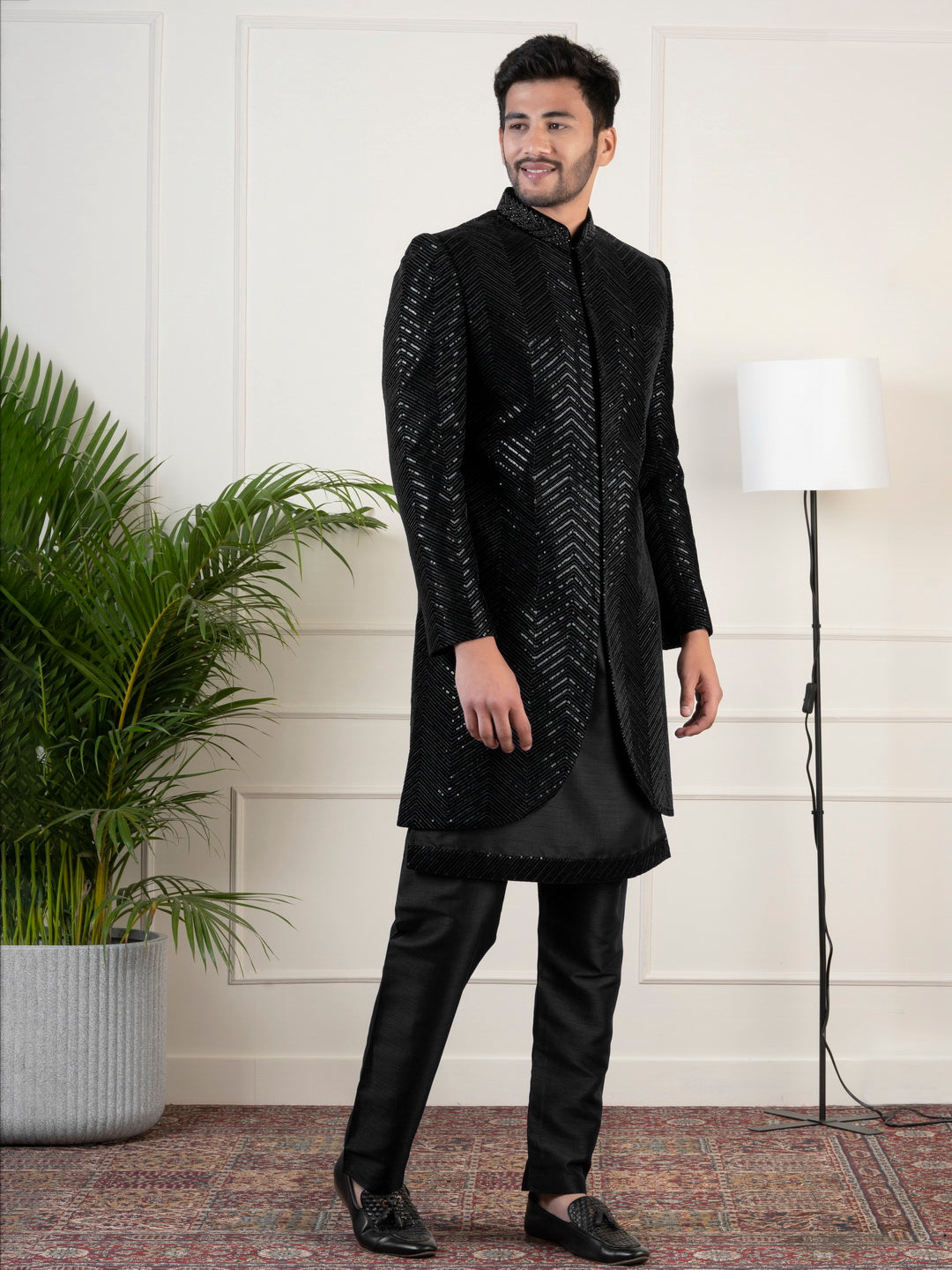 Black Velvet Sequin Embroidered Indowestern