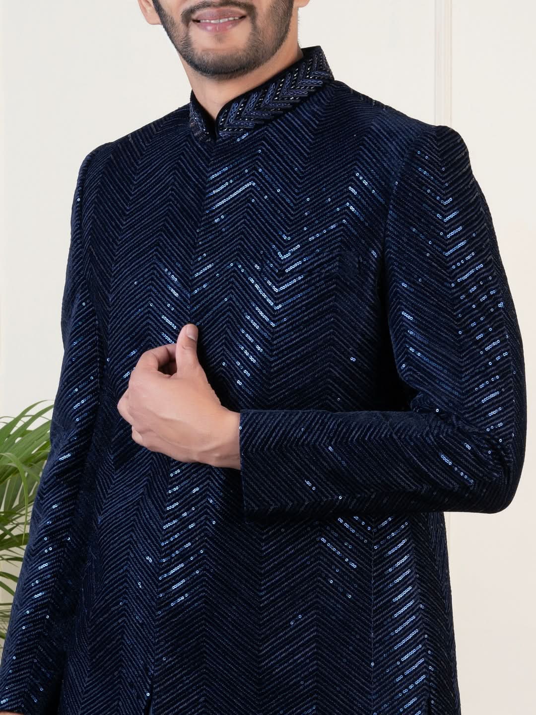 Navy Velvet Sequin Embroidered Indowestern