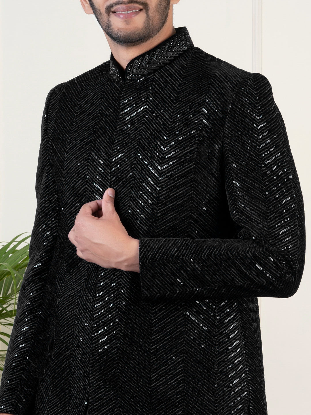 Black Velvet Sequin Embroidered Indowestern